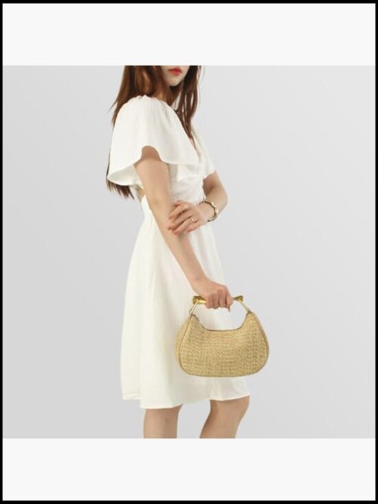 Boho Chic Woven Straw Hobo Tote Handbag Mini Summer Beach Purse - Picture 5 of 7